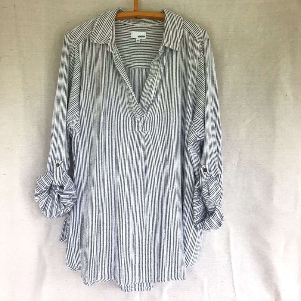 Plus size Sonoma Textured Striped Roll-Tab Shirt 2X